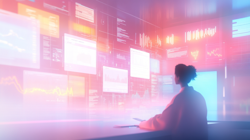 "Un especialista en marketing digital analiza métricas de SEO en una pantalla holográfica con gráficos de posicionamiento web, tráfico orgánico y estrategias de optimización. El entorno es moderno y tecnológico, con una atmósfera futurista y tonos suaves que transmiten innovación y eficiencia. La imagen representa el poder del SEO para impulsar el crecimiento de los negocios en el mundo digital