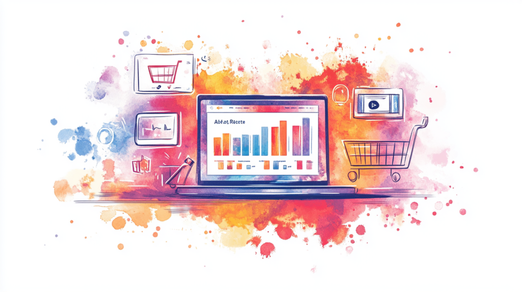 Ilustración en acuarela de un especialista en CRO analizando métricas de conversión con gráficos de A/B testing y optimización web.